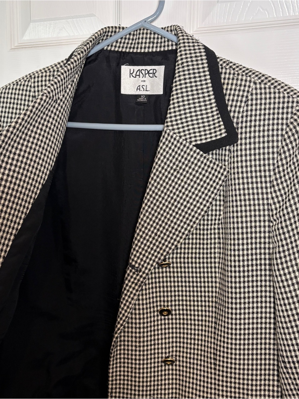 Kasper for A.S.L. Vintage Houndstooth Blazer Velvet Trim Double Breasted Sz 10.
